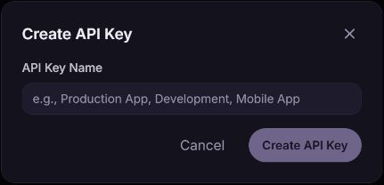 Create API Key dialog with an empty API Key Name field, Cancel, and Create API Key.