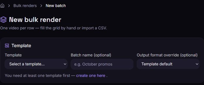 New bulk render form showing the Template selector, optional Batch name, and Output format override, with a link to create a template when none are available.