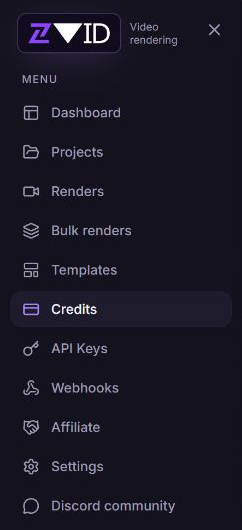 Zvid dashboard sidebar showing Dashboard, Projects, Renders, Bulk renders, Templates, Credits, API Keys, Webhooks, Affiliate, Settings, and Discord community.