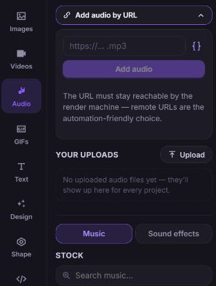 Zvid Audio tool with Add audio by URL expanded and Music and Sound effects choices below.