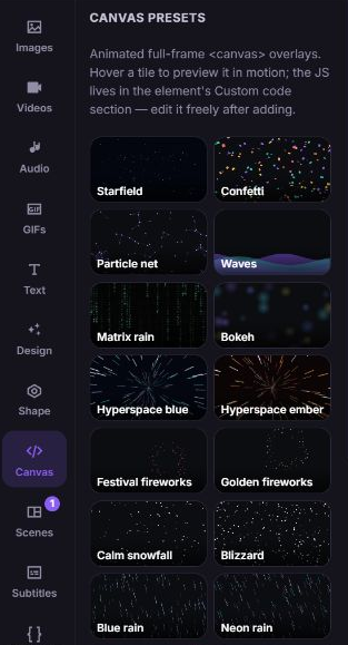 Zvid Canvas tool displaying the Canvas presets gallery used to add animated background elements.