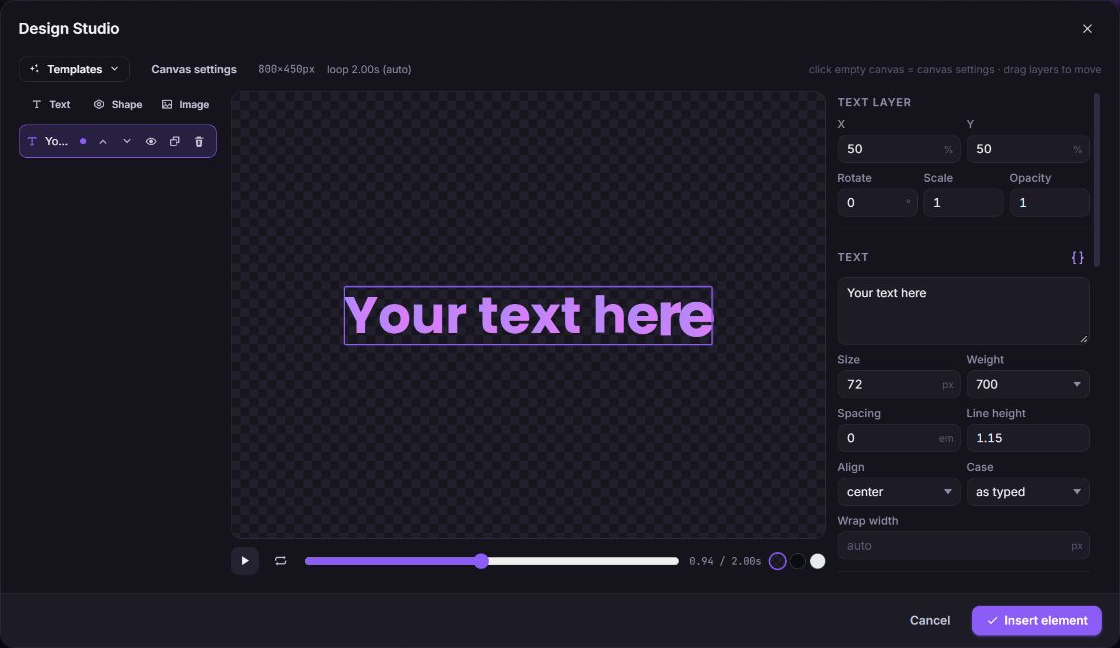 Zvid Design Studio dialog with Text, Shape, and Image layer buttons, a demo text preview, typography controls, and the Insert element action.