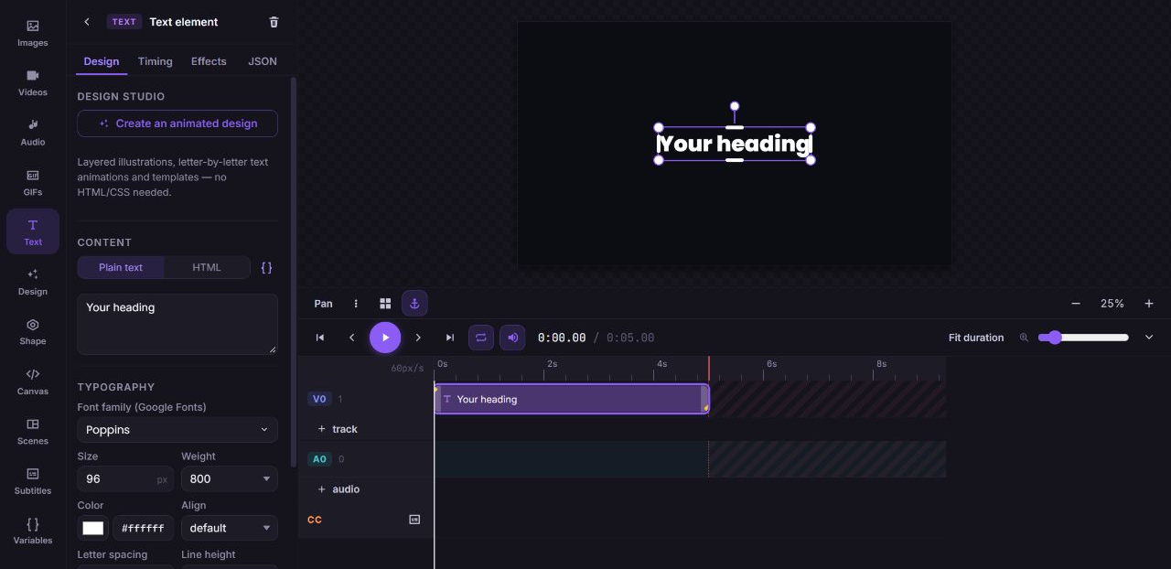 Zvid editor with a demo heading selected, its Design properties in the left panel, the canvas in the center, and the timeline below.