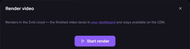 Zvid Render video dialog showing the Start render action for submitting the current project to the cloud.