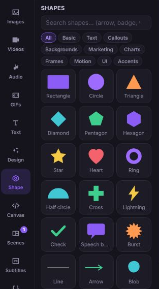 Zvid Shape tool with its search field, shape category chips, and vector shape gallery.