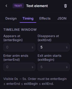 Timing panel for a text element with appearance, disappearance, enter-animation end, and exit-animation start fields.