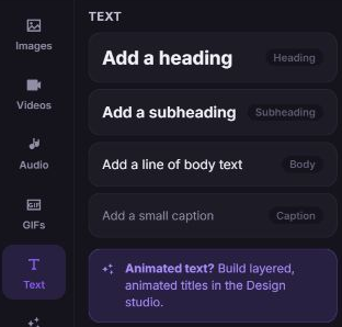 Zvid Text tool showing Heading, Subheading, Body, and Caption presets.