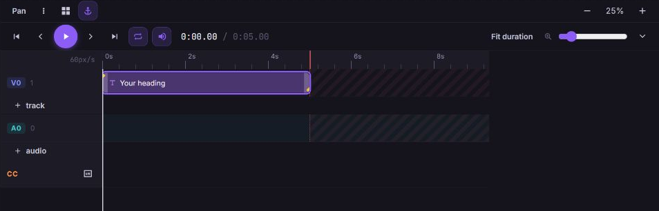 Zvid editor timeline showing a demo text clip, playback, frame stepping, loop, mute, and time controls.