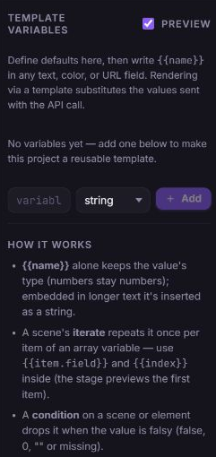 Zvid Variables panel with the preview toggle and controls to enter a variable name, choose its type, and add it.