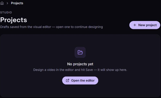 Zvid Projects page with New project in the upper right and Open the editor in the empty-project message.