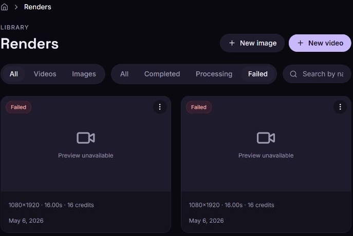 Zvid Renders page with the Failed status filter selected and two failed render cards showing Preview unavailable.