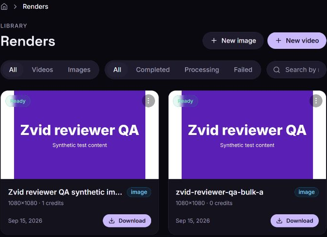 Zvid Renders page showing media-type and status filters above completed sample image renders with Ready badges and Download buttons.