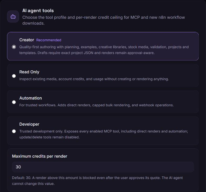 AI agent tools in Settings showing Creator, Read Only, Automation, and Developer profiles and Maximum credits per render.