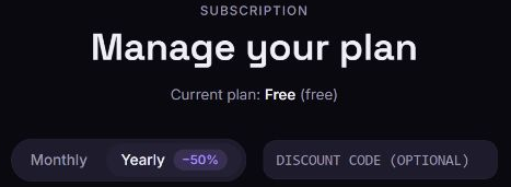 Manage your plan showing the Monthly and Yearly controls and optional discount-code field for a Free account.