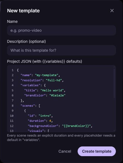 New template dialog showing Name, Description, the prefilled Project JSON editor, and the Cancel and Create template buttons.