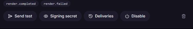 Webhook endpoint controls showing subscribed events, Send test, Signing secret, Deliveries, Disable, and the delete icon.